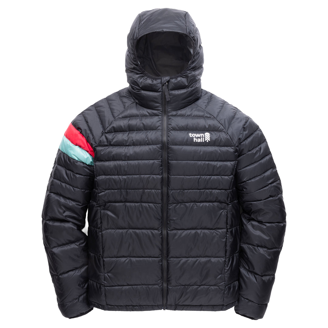 Town Hall Adult Down Town Puffy black hooded down jacket, front view with red and mint sleeve stripes.