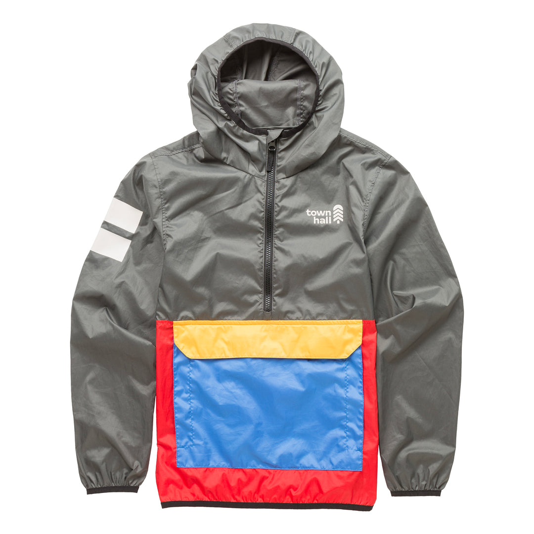 About Town Anorak in versatile Dark Shadow color featuring the Town Hall logo, protective hood, and weather-resistant fabric that keeps kids comfortable in unpredictable conditions.