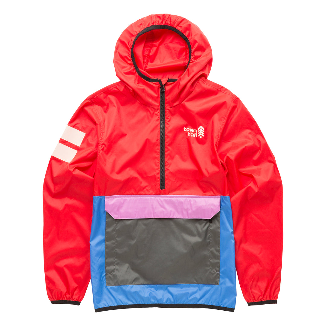 About Town Anorak in vibrant Goji Berry color showing front view with Town Hall logo, zippered front, kangaroo pocket and weather-resistant design for kids' outdoor protection.