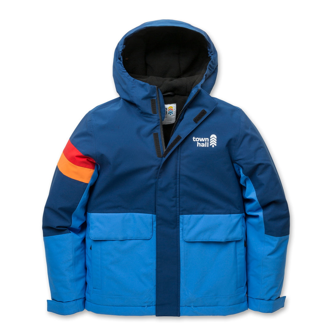 Blue two tone jacket on white background.