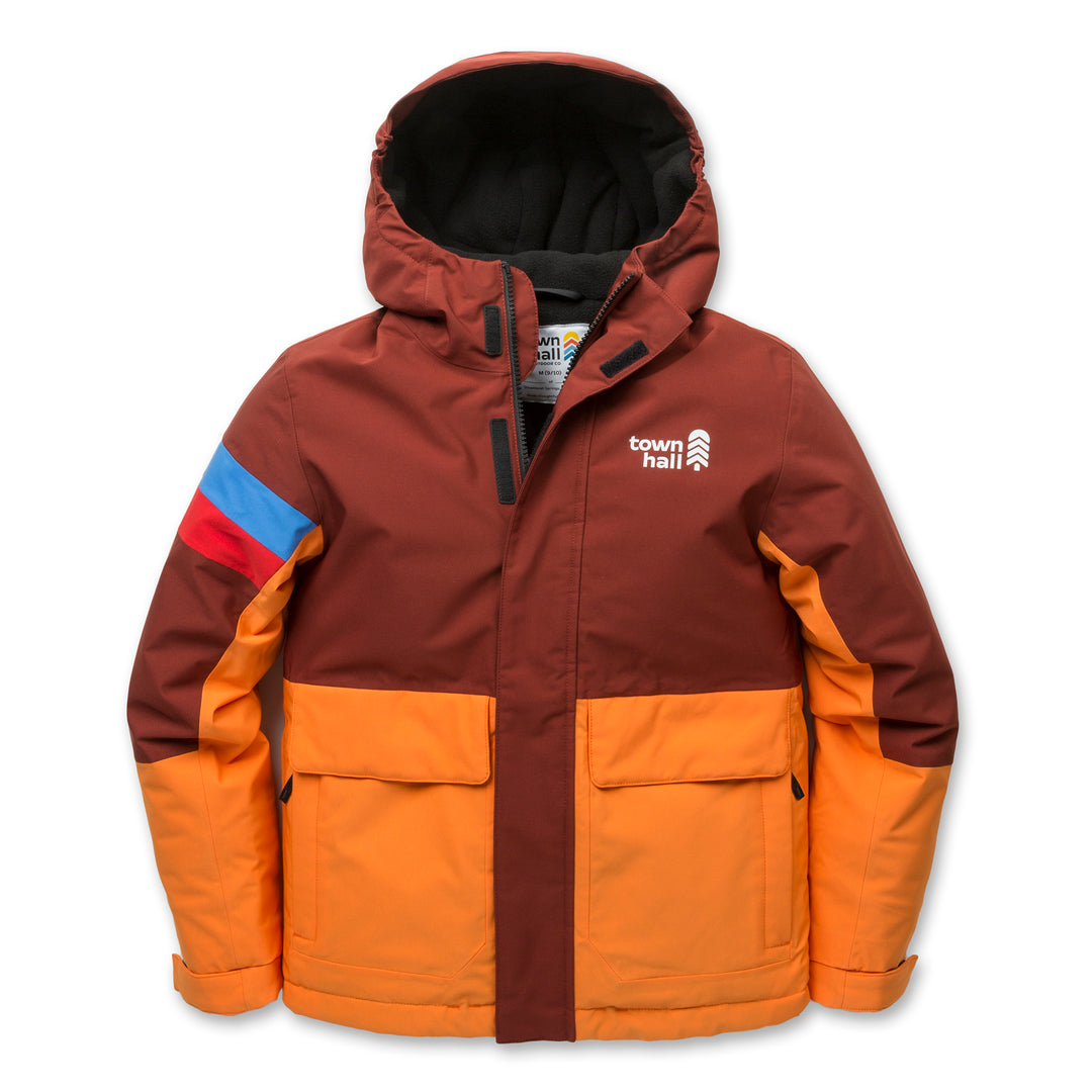 Red and orange two tone jacket on white background.