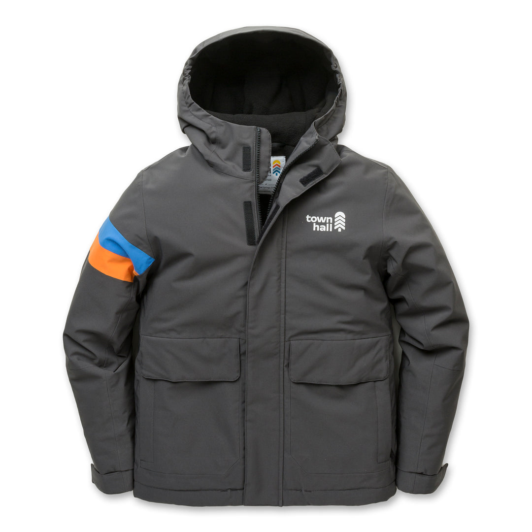 Grey snow jacket on white background.
