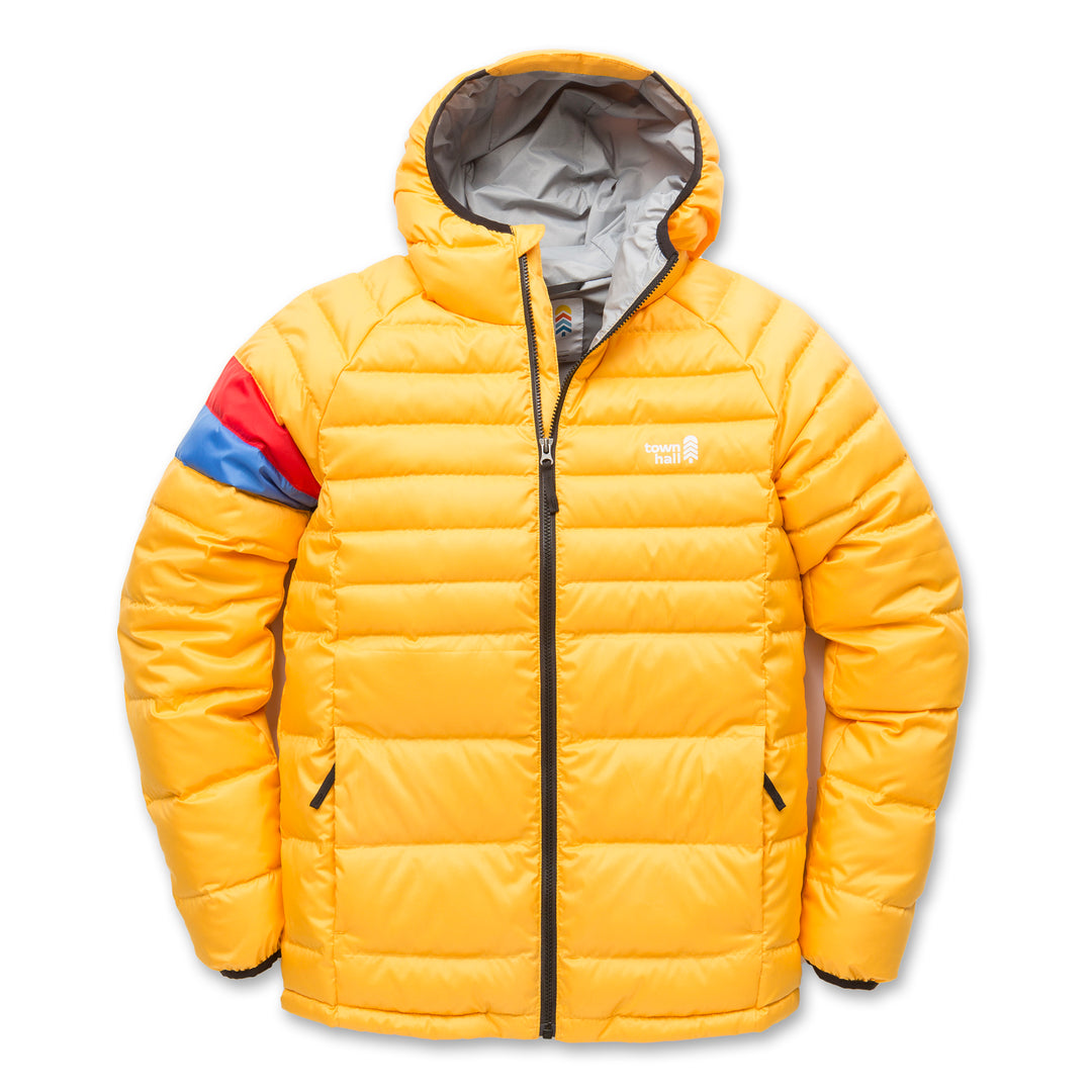 Town Hall Down Town Puffy kids hooded puffer jacket in Artisan’s Gold yellow, front view with red and blue sleeve stripes.
