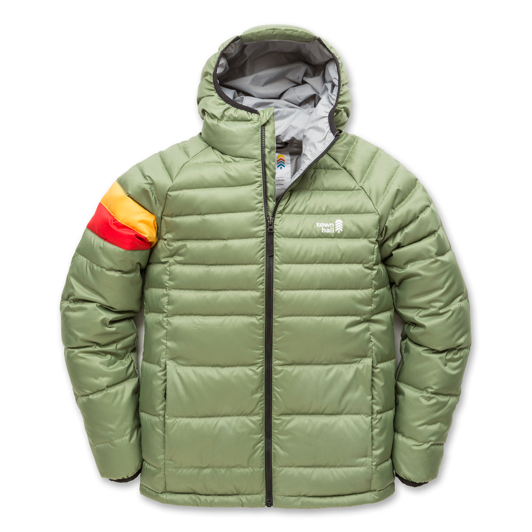 Town Hall Down Town Puffy kids hooded puffer jacket in Vineyard Green, front view with yellow and red sleeve stripes.