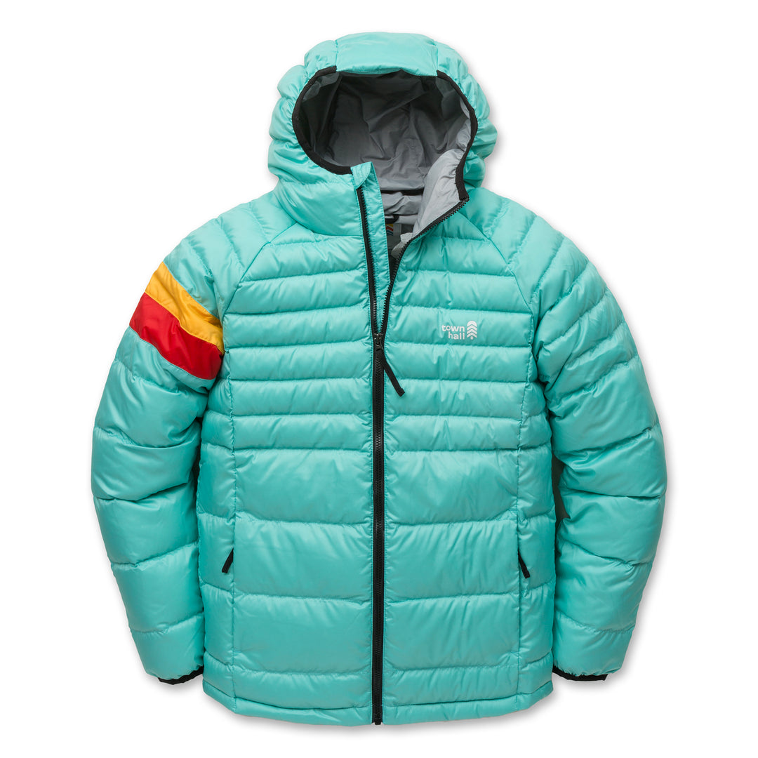 Town Hall Down Town Puffy kids hooded puffer jacket in aqua, front view with yellow and red sleeve stripes