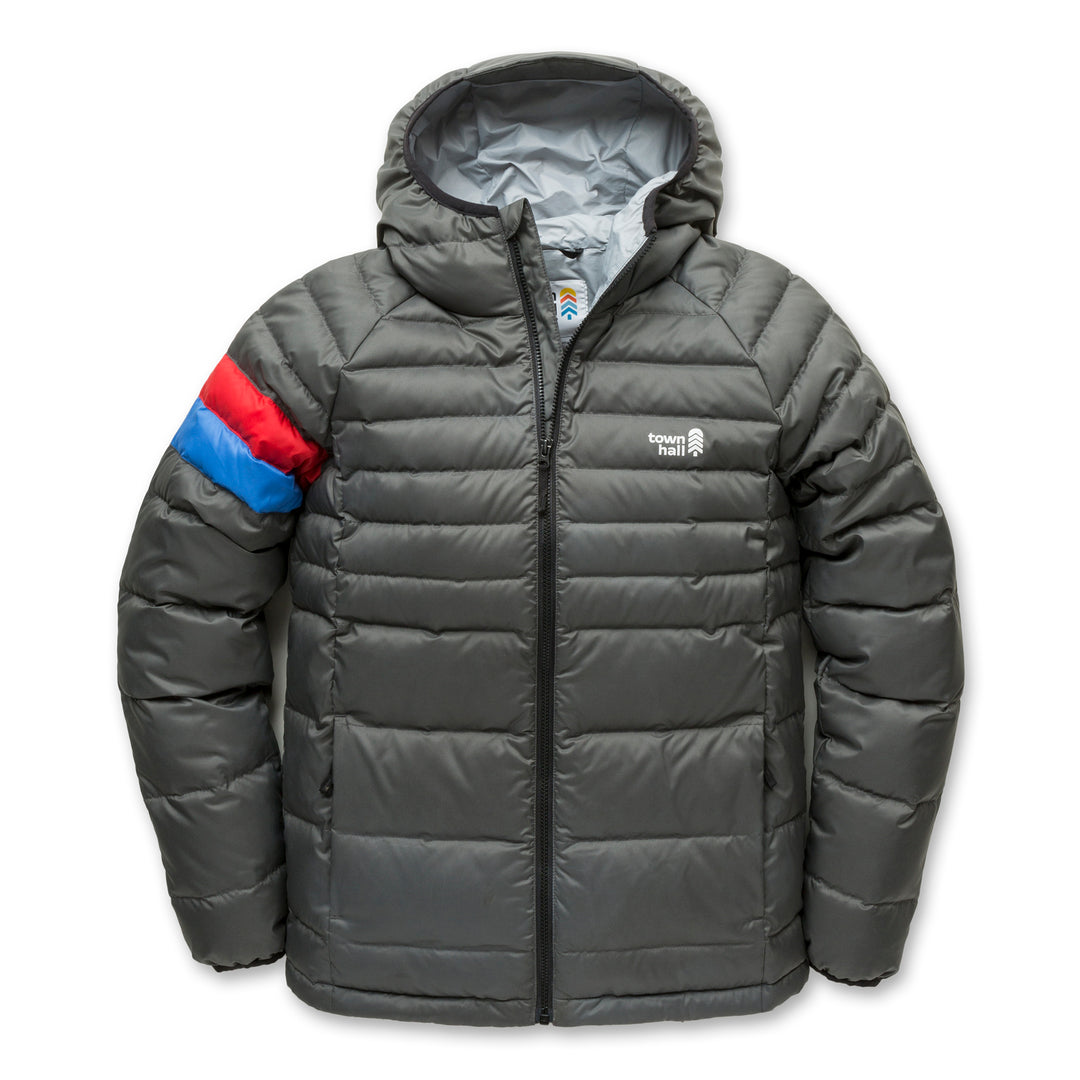 Town Hall Down Town Puffy kids hooded puffer jacket in Forged Iron gray, front view with red and blue sleeve stripes.