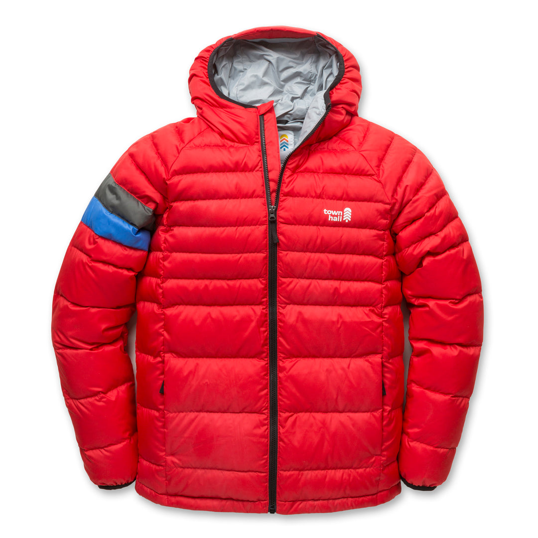 Town Hall Down Town Puffy kids hooded puffer jacket in Goji Berry red, front view with gray and blue sleeve stripes.