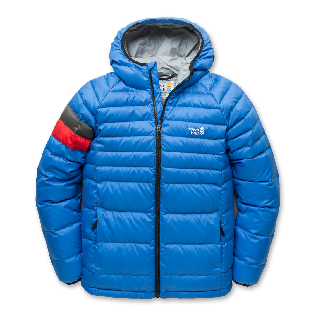 Town Hall Down Town Puffy kids hooded puffer jacket in Palace Blue, front view with gray and red sleeve stripes.