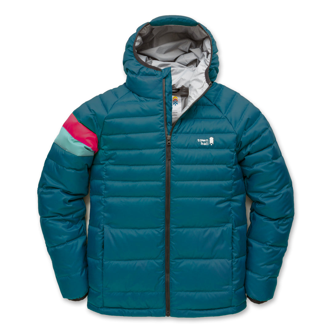 Town Hall Down Town Puffy kids hooded puffer jacket in Blue Coral teal, front view with pink and mint sleeve stripes.
