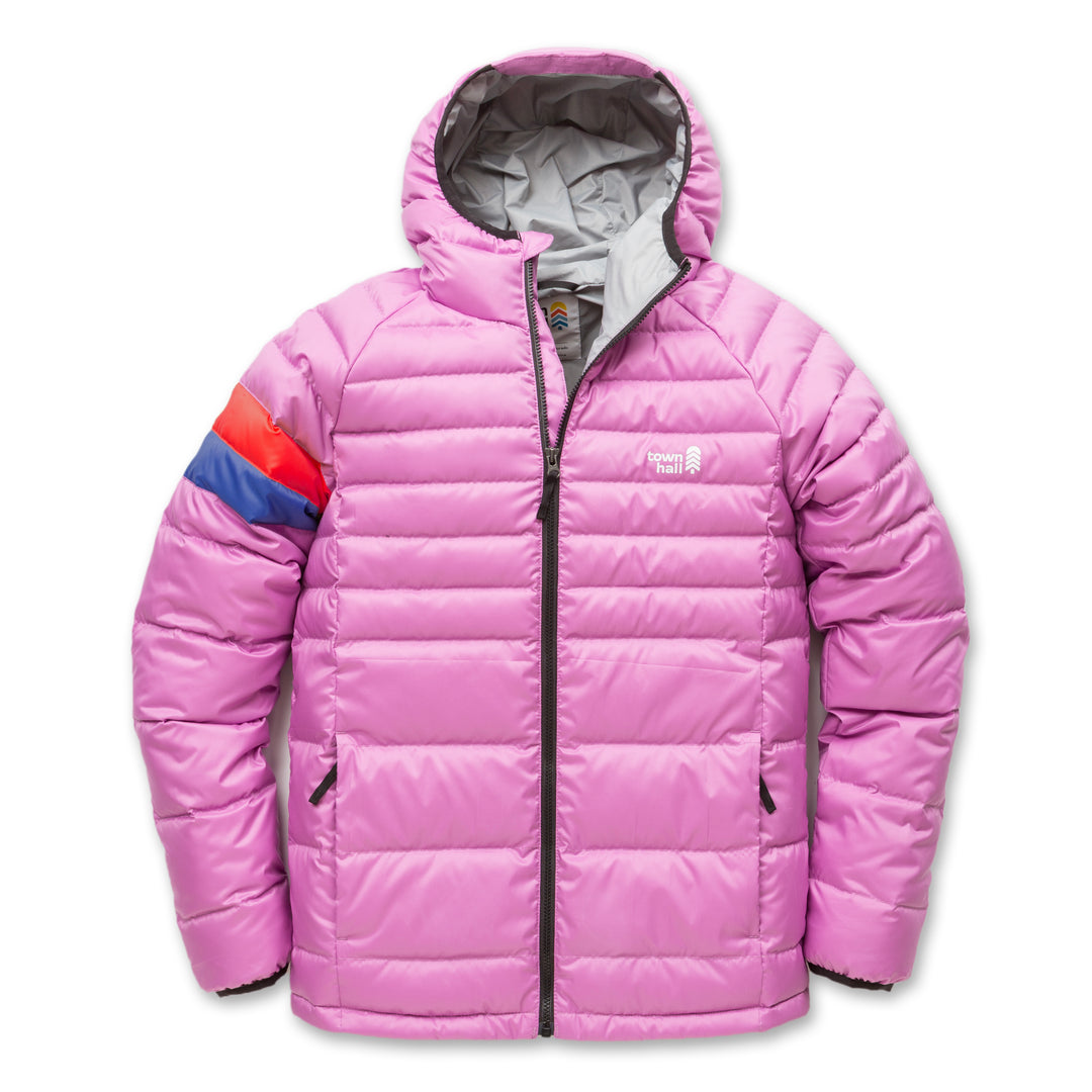 Town Hall Down Town Puffy kids hooded puffer jacket in Mulberry pink, front view with orange and blue sleeve stripes.