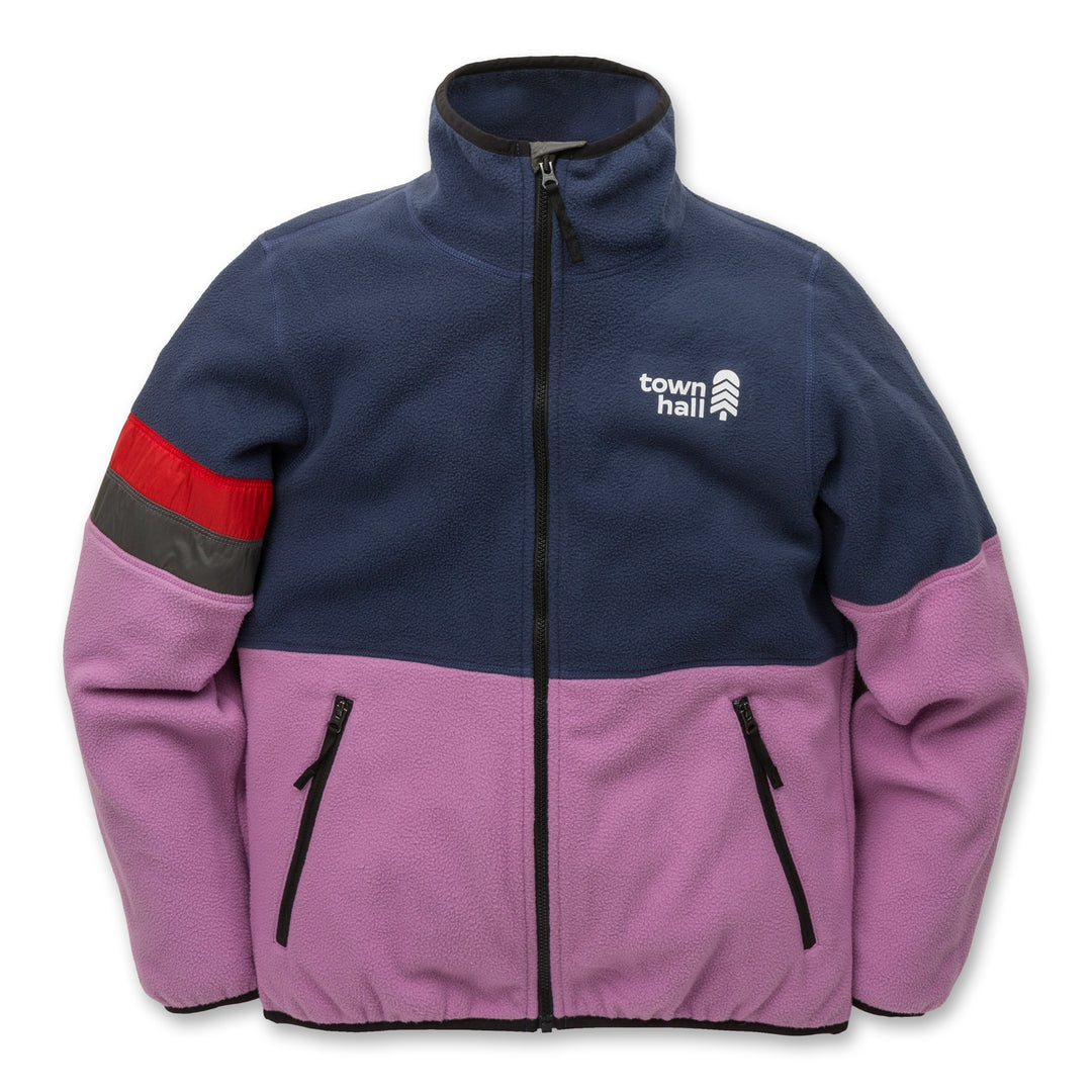 Midtown Fleece Jacket in Mulberry with Black Iris accents and Town Hall logo, featuring non-grabbing zippers and cozy fabric that's perfect for layering in any season.