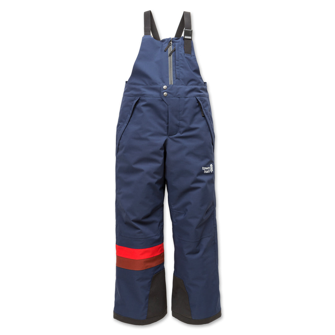 Front view of Town Hall's Mountain Town Winter Bib in Black Iris, featuring waterproof construction and smart design for kids who love playing in the snow.