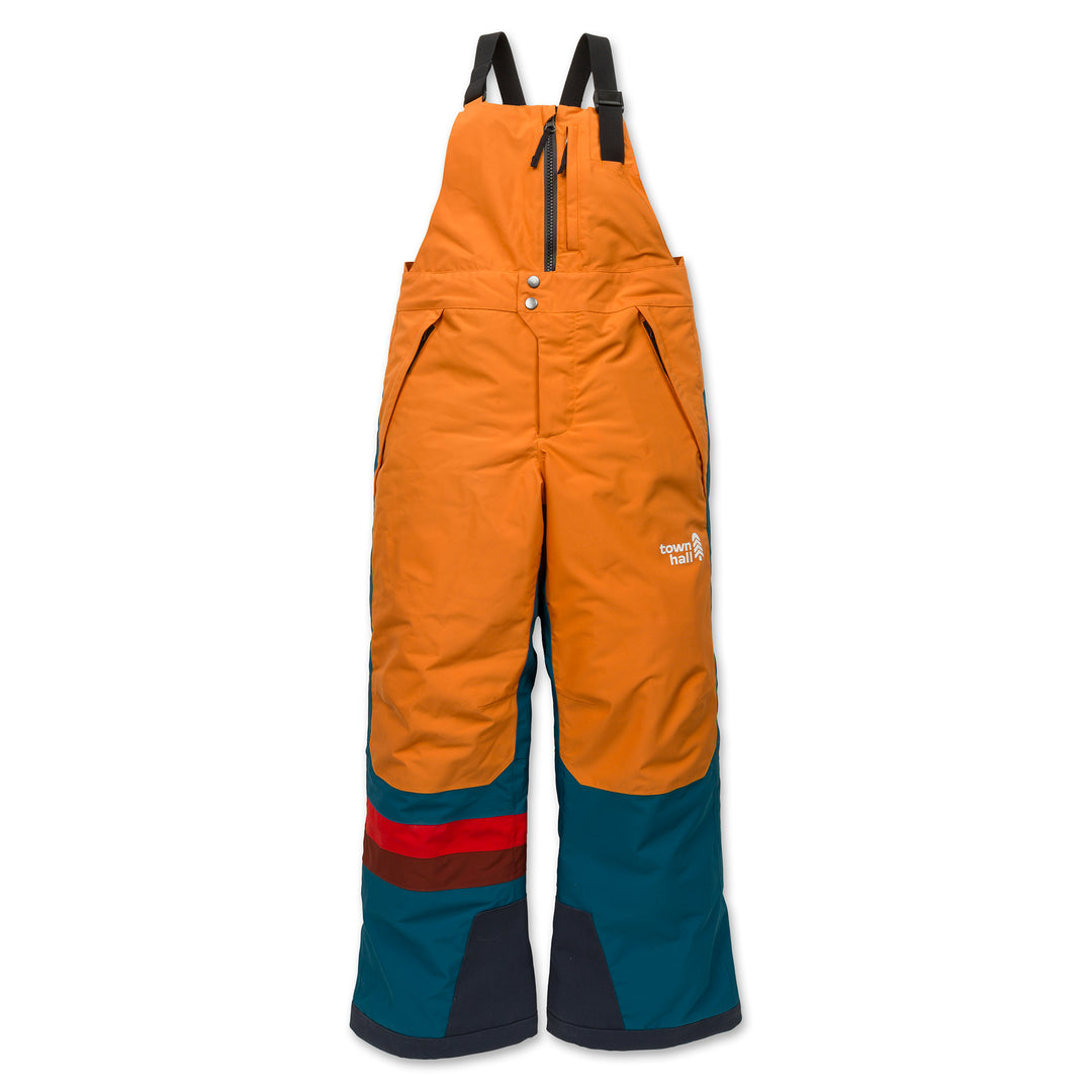 Front view of Town Hall's Mountain Town Winter Bib in Peach Caramel/Blue Coral color, featuring sustainable waterproof design for snow days and sledding adventures.