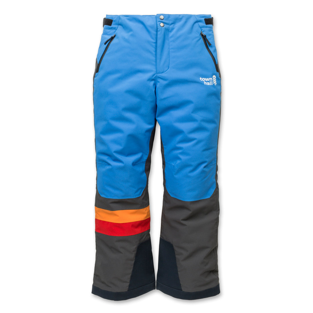 Light blue snow pants on a white background.