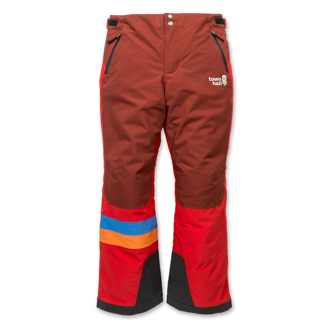 Red two tone pants on a white background.