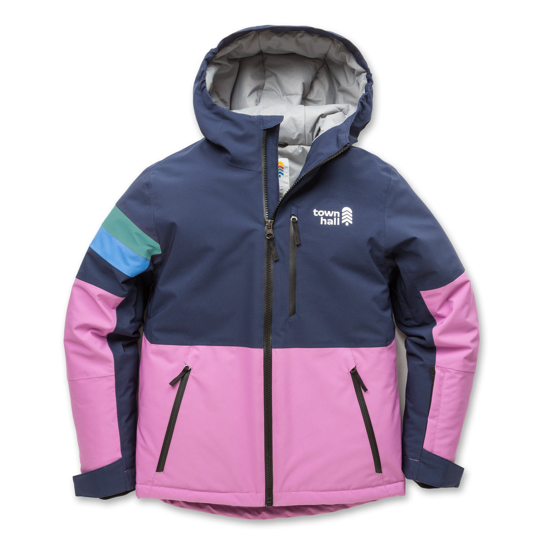 Town Hall Mountain Town kids winter jacket in Mulberry pink and Black Iris navy, front view with hood.