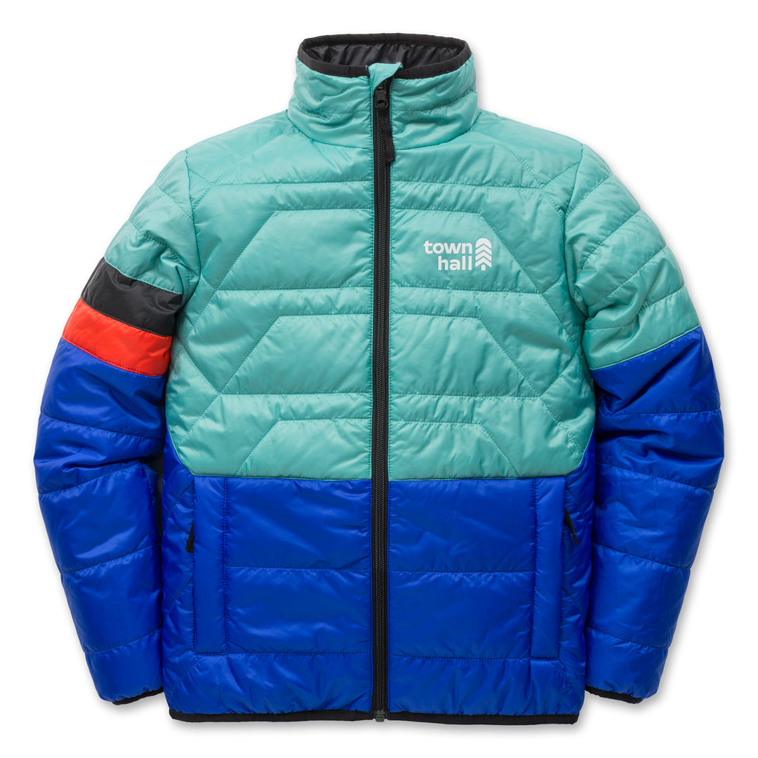 Skip Town insulated jacket in Canton blue with Town Hall logo, featuring weather-resistant fabric and lightweight warmth for all their outdoor adventures.