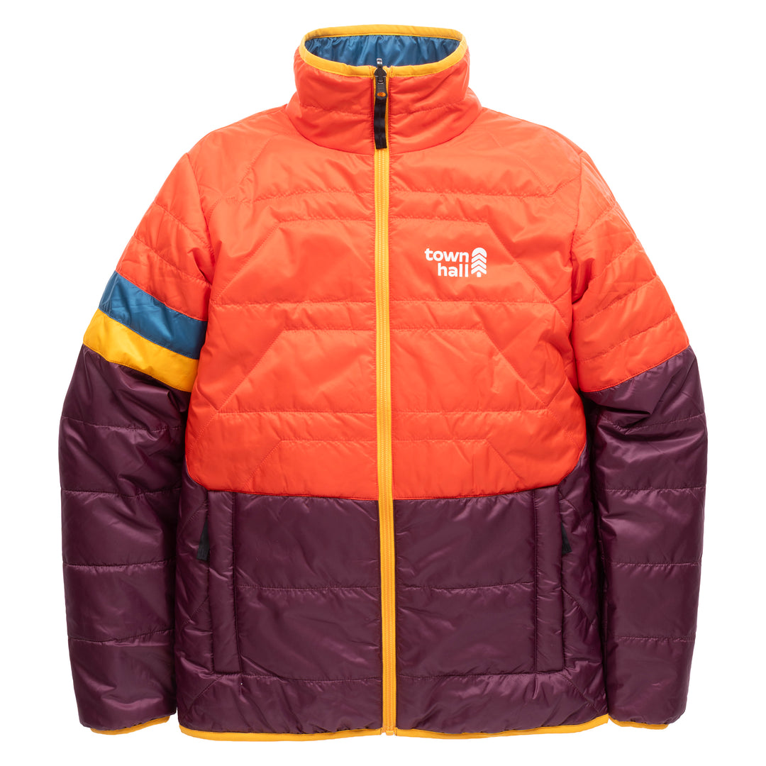 Front view of kids Skip Town Insulated Jacket in orange and plum with yellow zipper and blue and yellow sleeve stripes.