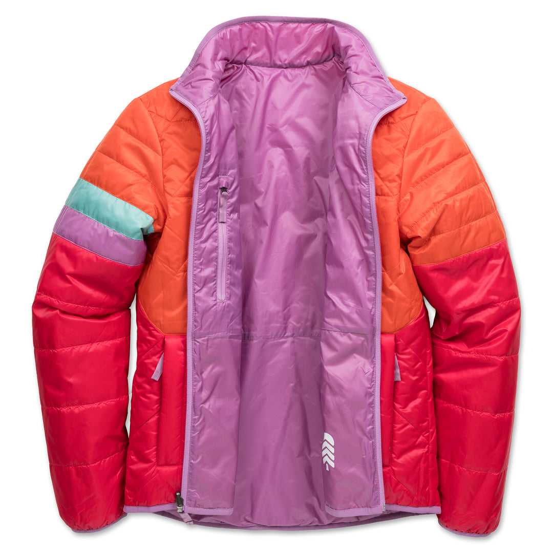 Multicolored puffer jacket with purple, orange, and red sections on a white background