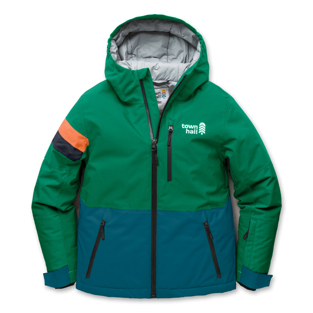 Town Hall Mountain Town kids winter jacket in Leprechaun green and teal, front view with hood and zippered pockets.