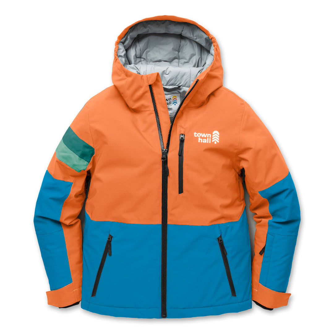 Town Hall Mountain Town kids winter jacket in Orange Sherbet and blue, front view with hood and green sleeve stripes.