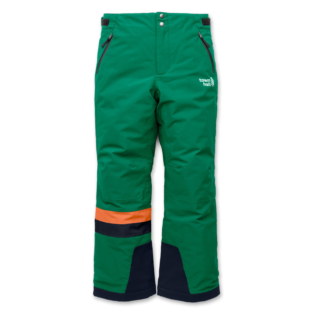 Green snow pants with orange and black accents on a white background