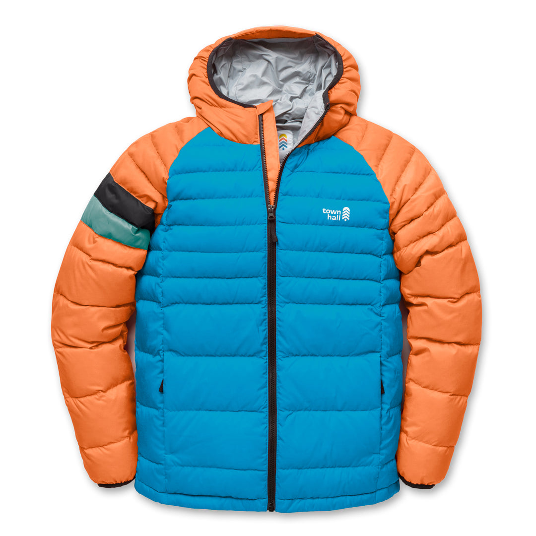 Town Hall Down Town Puffy kids hooded puffer jacket in blue and Orange Sherbet, front view with striped sleeve.