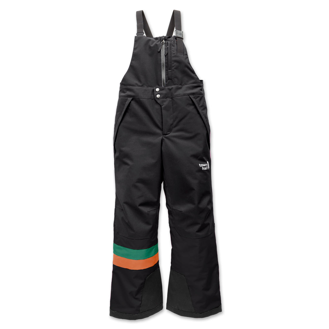 Black bib overalls with colorful stripes on a white background