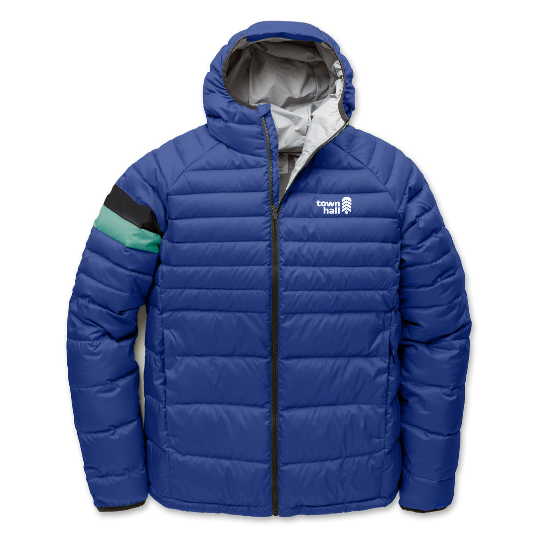 Town Hall Adult Down Town Puffy hooded down jacket in Dazzling Blue, front view with black and mint sleeve stripes.