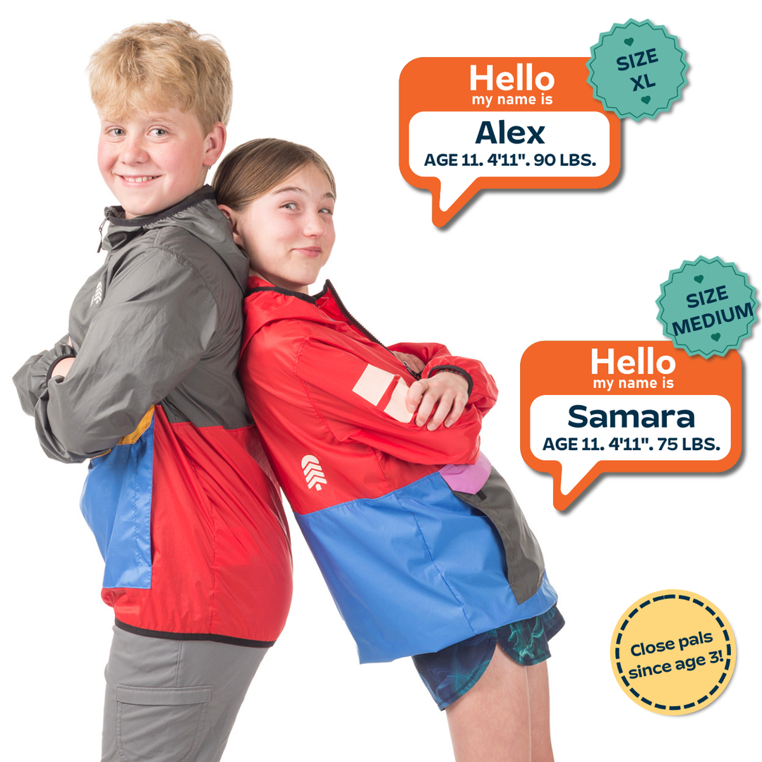 Two children hugging, with text boxes displaying their names and information.